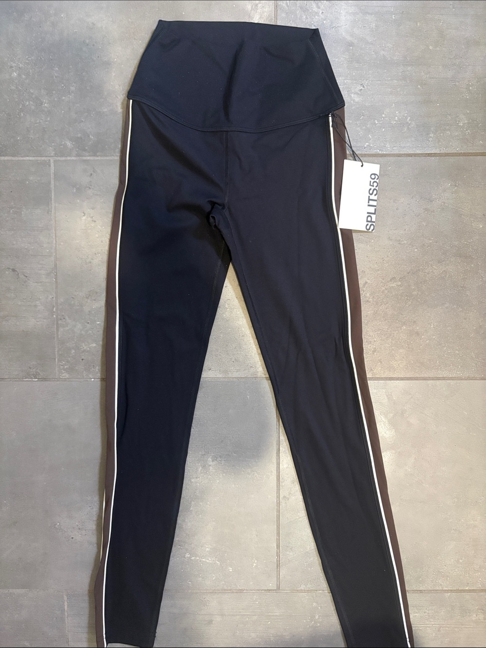 Splits59 Black Leggings with Brown Side Panels and White Piping